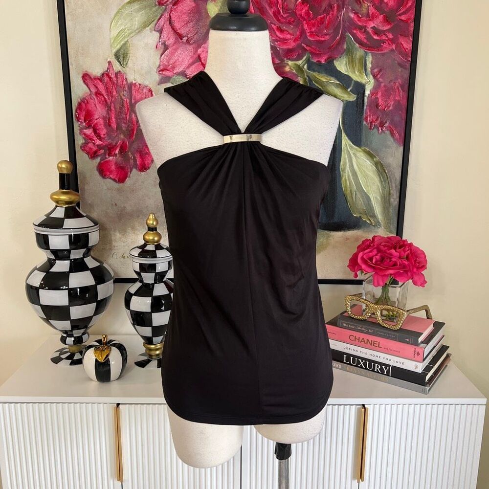 Cache Women's Halter Neck Hardware Detail Sleeveless Blouse Top Black Size Small